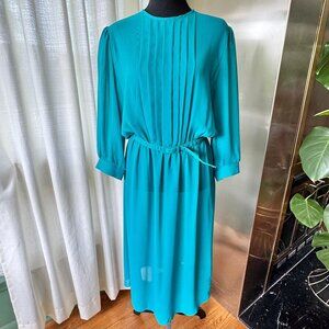 Vintage 80s A-line dress, turquoise, pleated bodice, assorted belt, long sleeves